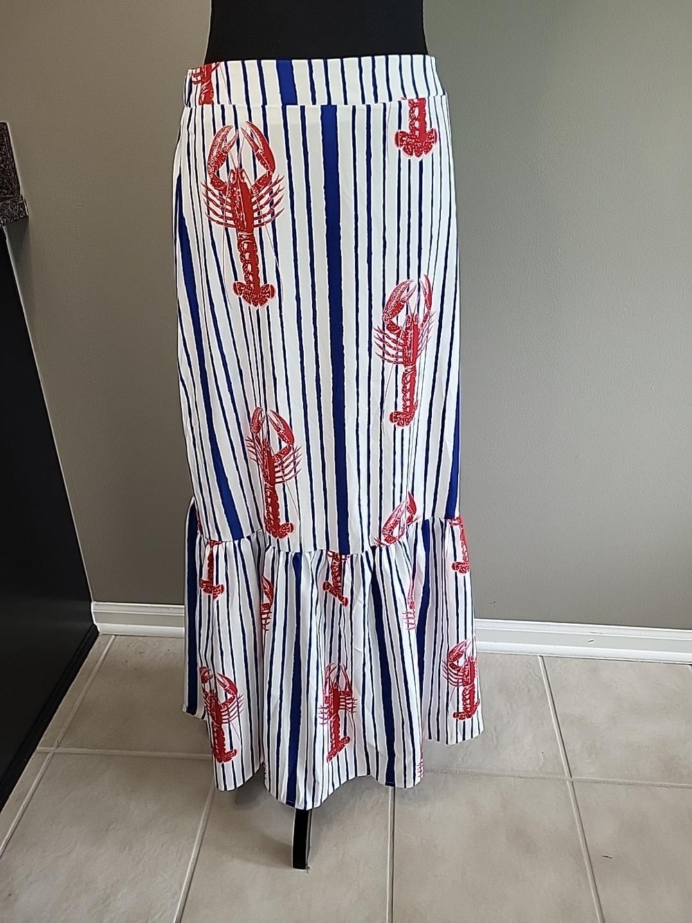SHEIN Navy & White Striped Maxi Skirt with Red Lobster Print